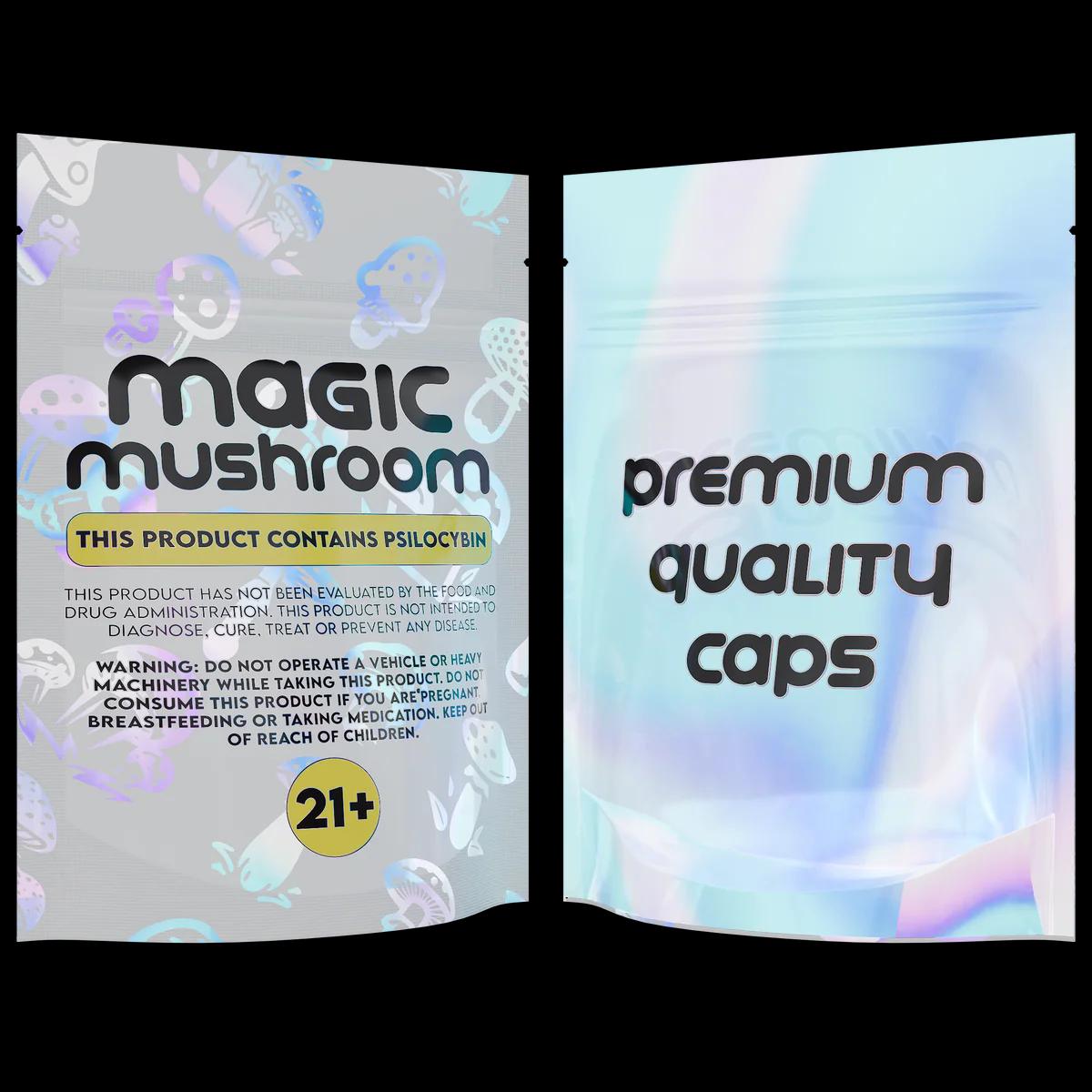 1/8 oz Holographic White Mushroom Pouch, holographic white mushroom pouch mylar bag